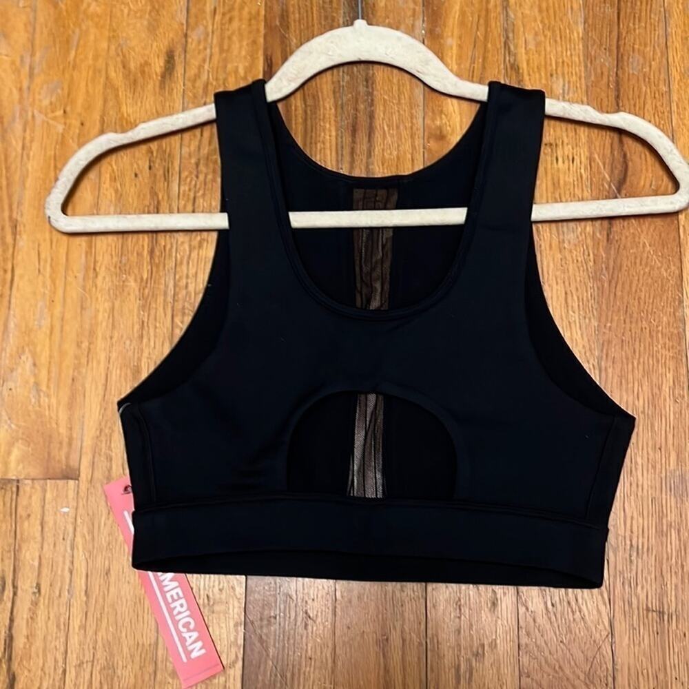 Good American Black Sports Bra With Pin Tuck Mesh Insert Size 1